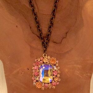 Antique Brass Rose Aurora Borealis Emerald Crystal Halo Statement Necklace